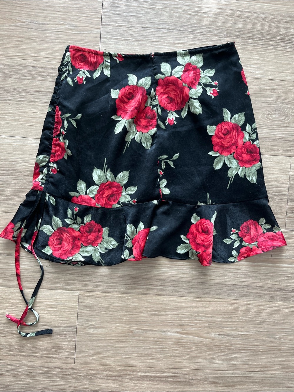 ICON Black Floral Ruffled Mini Skirt with Red Roses